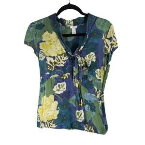 Old Navy Vintage Y2K Perfect Fit Blue Floral 100% Silk Blouse Womens Medium